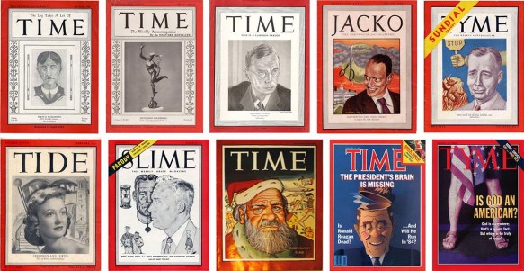 Mock Times from, top row: Annapolis (1928), Harvard's Advocate (1932) and Lampoon (1941), Dartmouth (1948), Ohio State (1948); bottom row: Alabama (1952), Davidson (1953), Punch (1960), National Lampoon (1984), Emory (1998).
