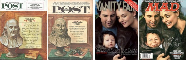Real and parody covers of SatEvePost and Vanity Fair.